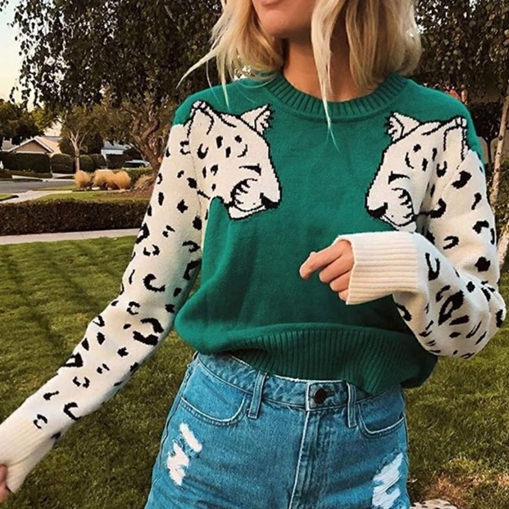 Boho Green Leopard Cozy Sweater
